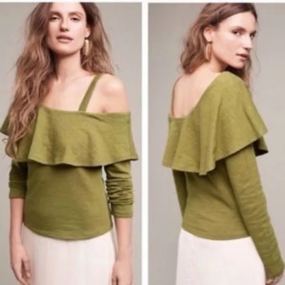 anthropolgie Postmark Olive Green One-shoulder Top size Sm - Picture 2 of 6